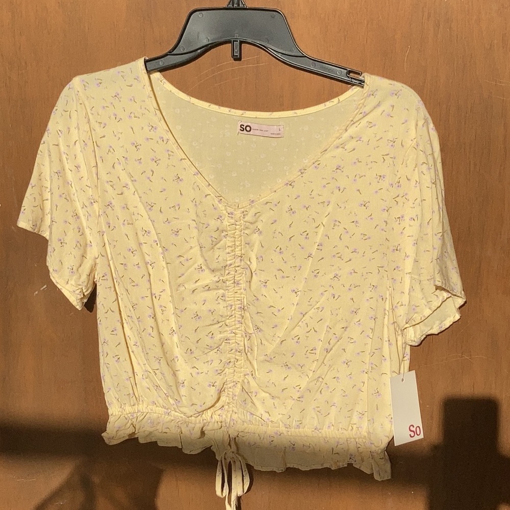 3/$24 So top yellow with floral print cinch front top boho casual summer L jr - Picture 17 of 17